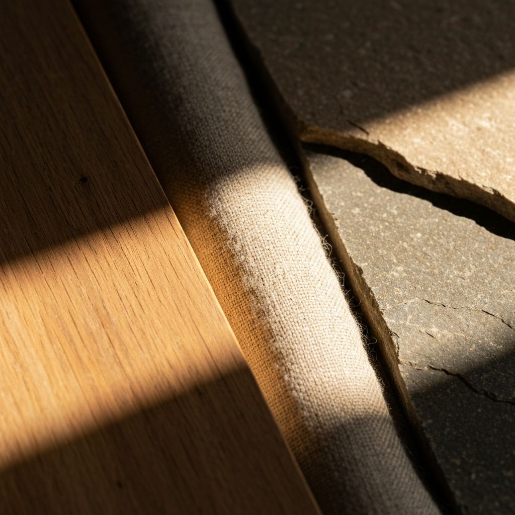 Natural textures close-up showing wood grain and natural fibers with warm raking light