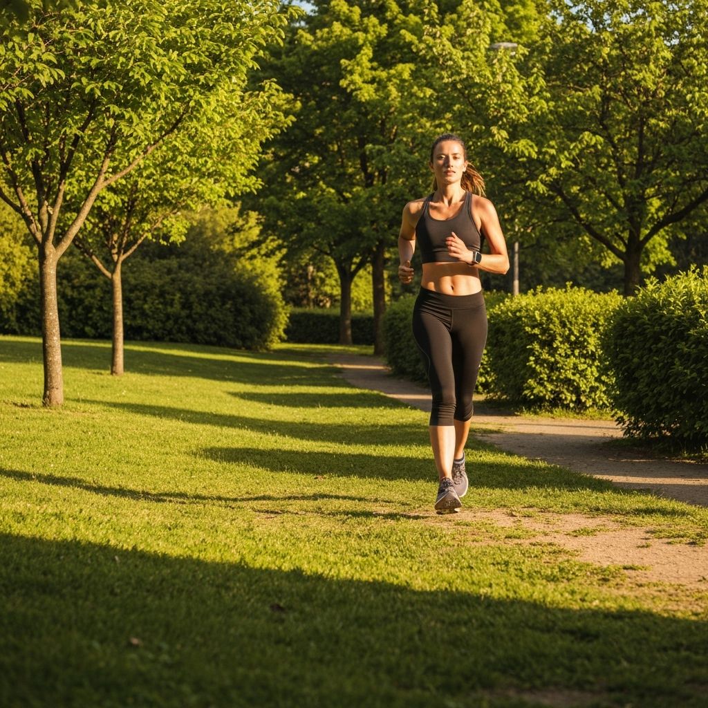 A person running in a park with warm daylight and natural shadows showing steady confident movement