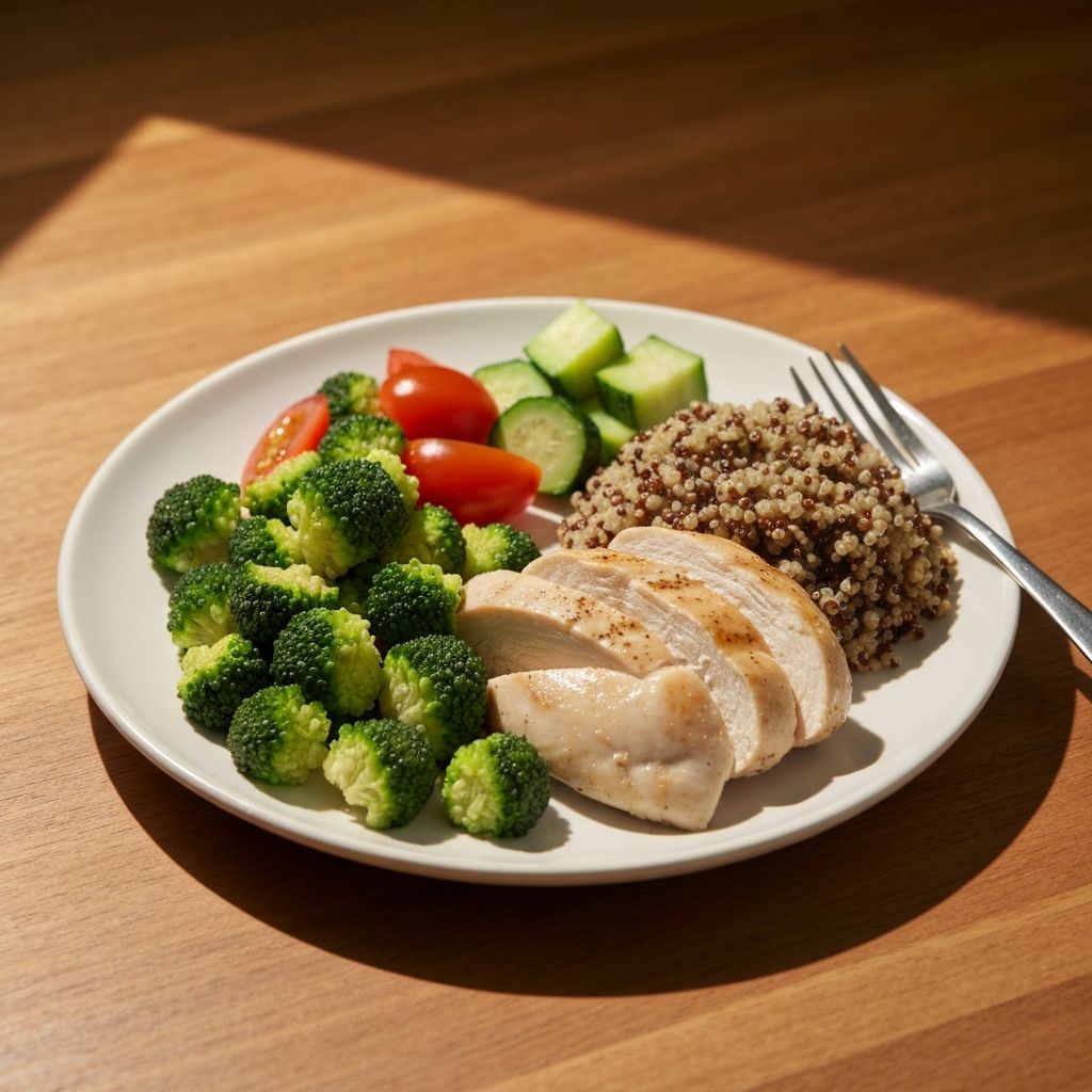 A balanced, healthy meal plate with vegetables, lean protein, and whole grains on natural wood surface