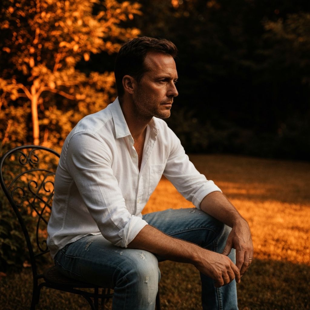 A man in thoughtful reflective pose in natural outdoor environment during peaceful moment