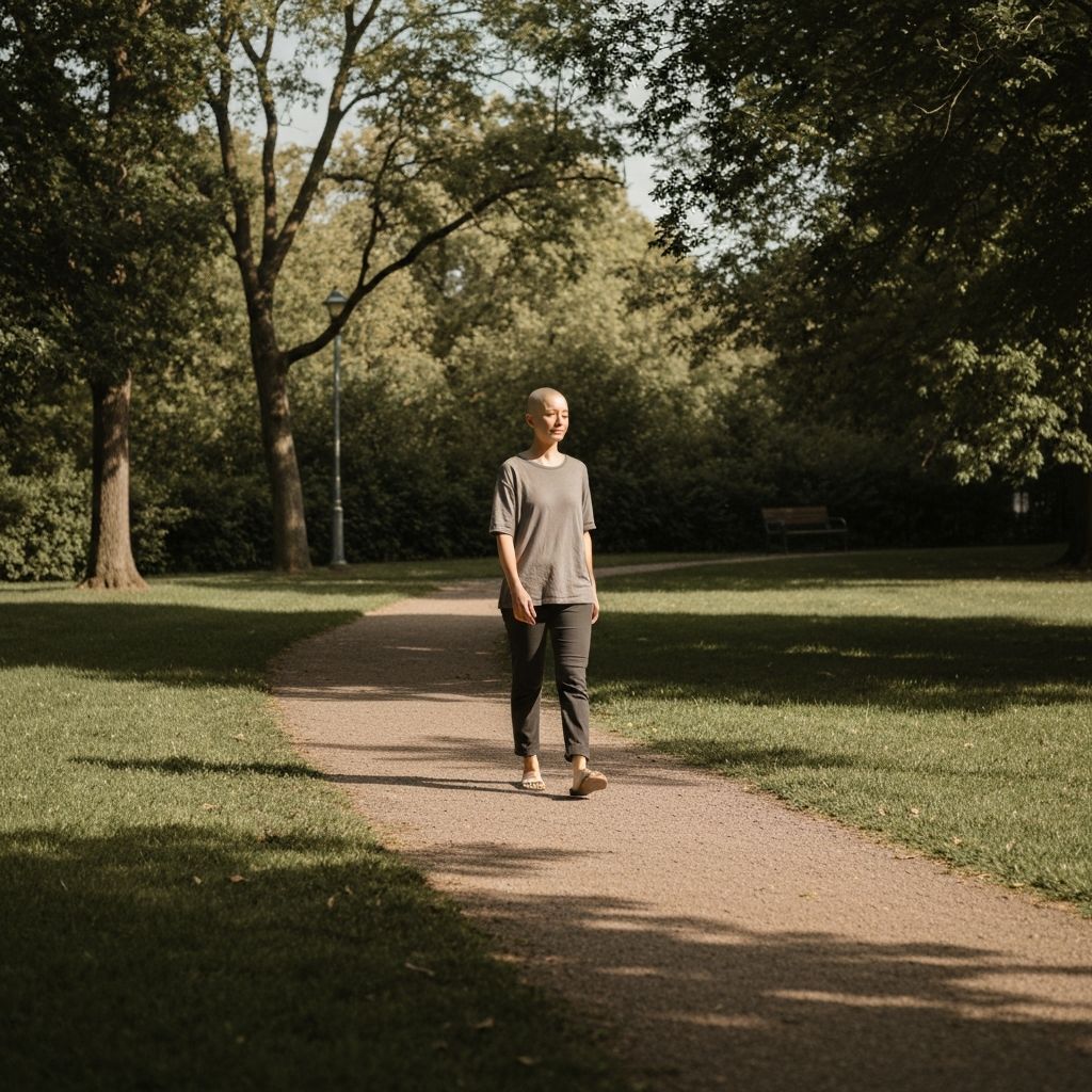 A person walking peacefully through a park with soft natural daylight