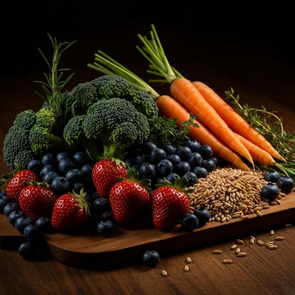 Fresh healthy ingredients including vegetables, fruits, and grains arranged on wooden surface