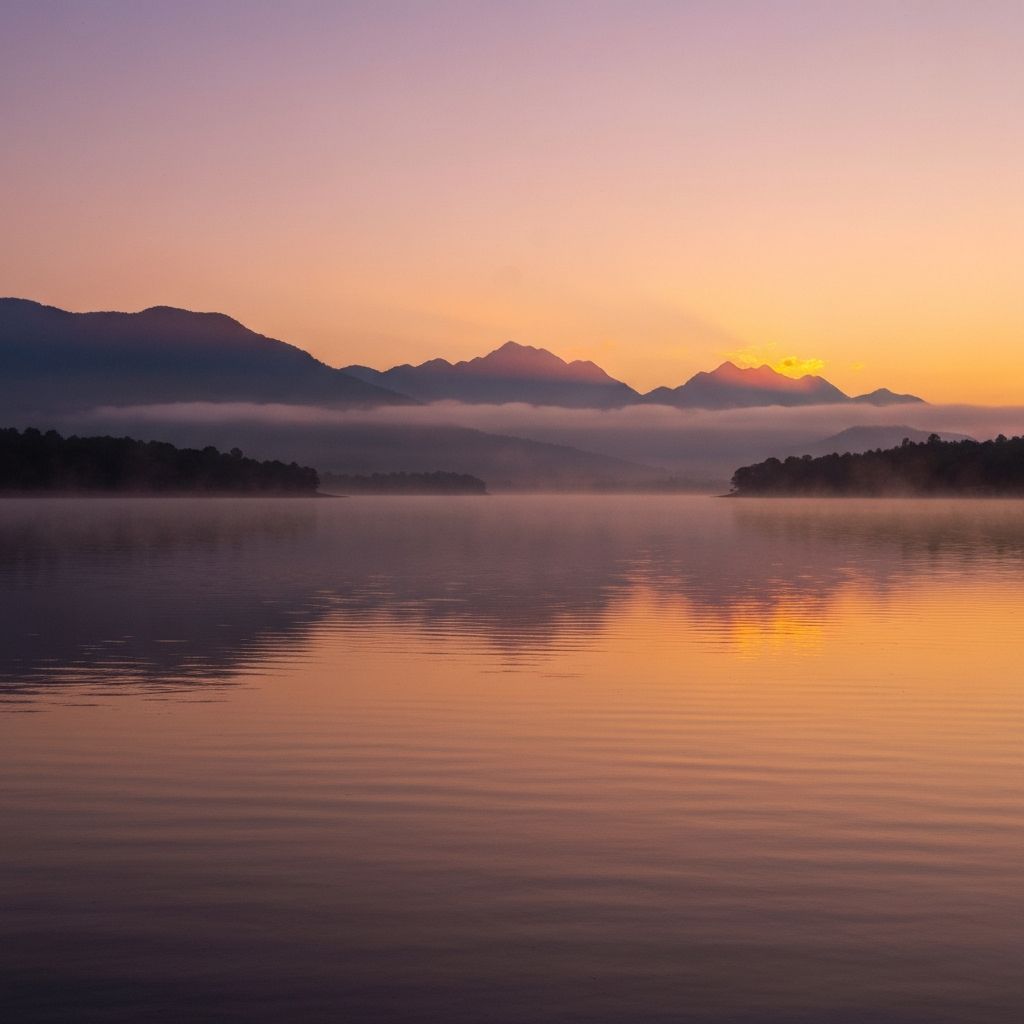 A serene morning scene with sunrise over water creating warm golden light and natural shadows